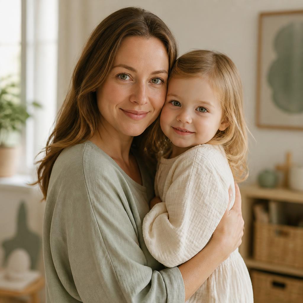 Mother and young child together in a calm, sunlit room